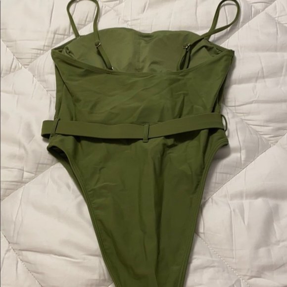 F21 Olive Green Belted High Leg One Piece Swimsuit - Picture 7 of 16